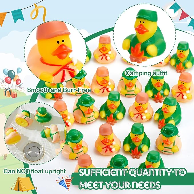 24 Pcs Camp Rubber Duck Bulk Summer Vacation Party Favors 2 Inch Rubber Ducks Gifts for Camping Adventure Theme Birthday Party Decoration