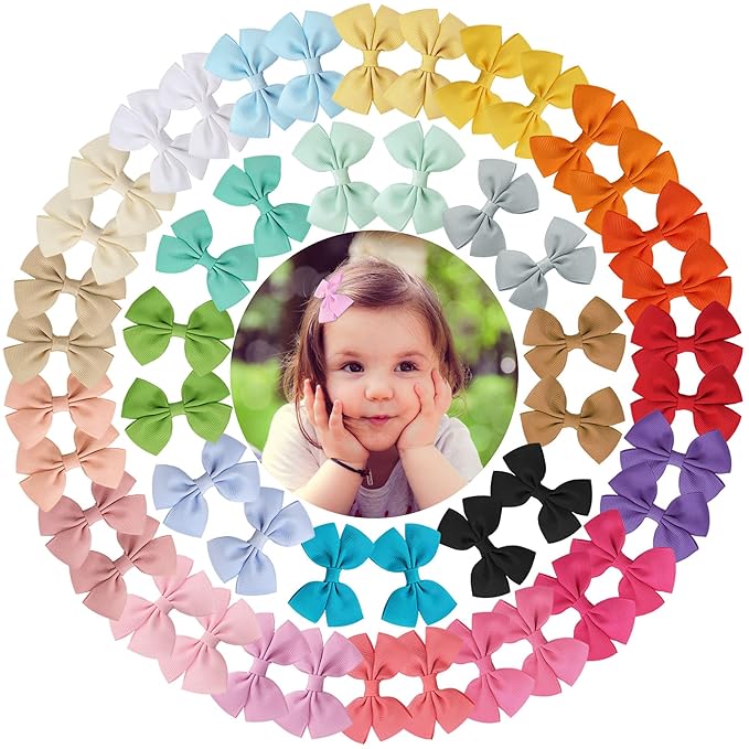 50PCS Baby Girls Hair Clips, 3 Inch Grosgrain Ribbon Hair Bows Toddlers Girls, Alligator Clips Barrettes Hair Pins Hair Accessories for Infants Kids 25 Colors In Pairs
