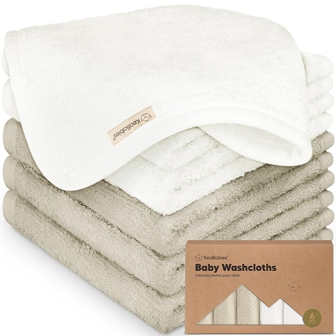 6-Pack Baby Washcloths – Soft Absorbent Viscose from Bamboo Washcloths for Face, Body, Baby Towels for Newborn, Kids, Toddlers, Infant,Gentle on Sensitive Skin,10x10 Reusable Face Towels(White/Stone)