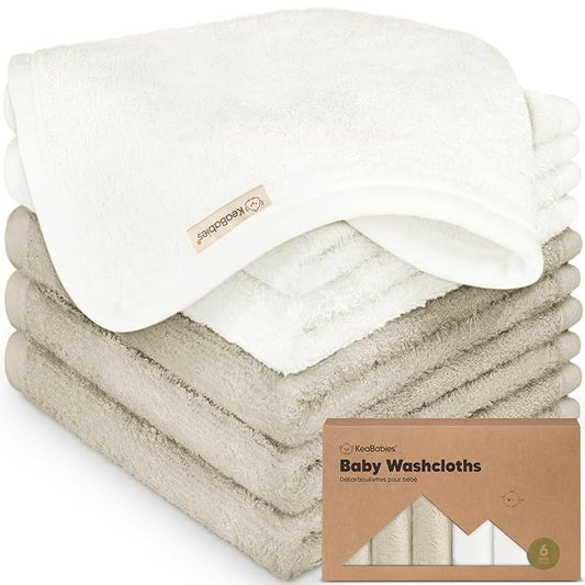6-Pack Baby Washcloths – Soft Absorbent Viscose from Bamboo Washcloths for Face, Body, Baby Towels for Newborn, Kids, Toddlers, Infant,Gentle on Sensitive Skin,10x10 Reusable Face Towels(White/Stone)