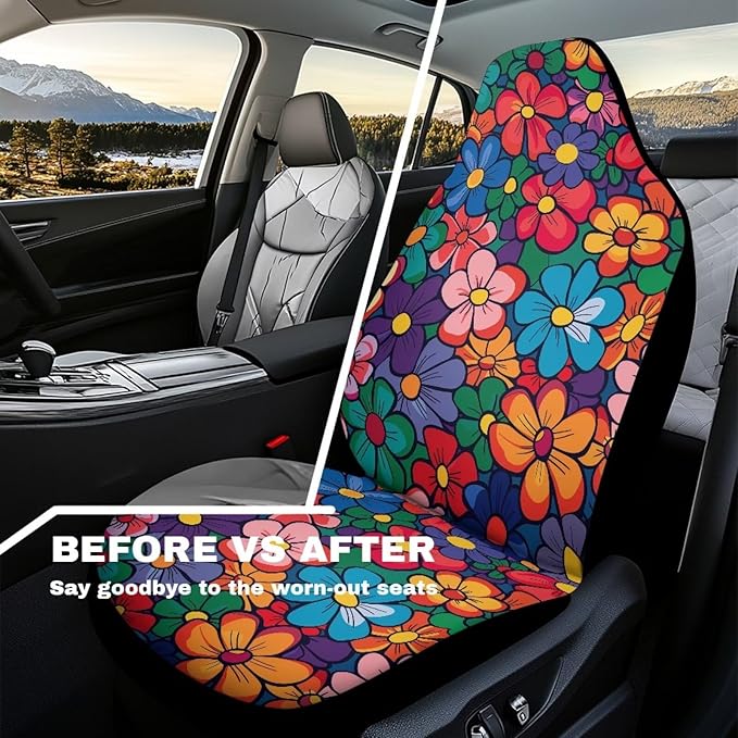 Cute Hippie Flower Car Seat Covers 2 Pcs Stretch Polyester Fabric Cover Waterproof Car Seat Cover Easy Installation Universal Size Fit for Most Cars SUVs Trucks Vans