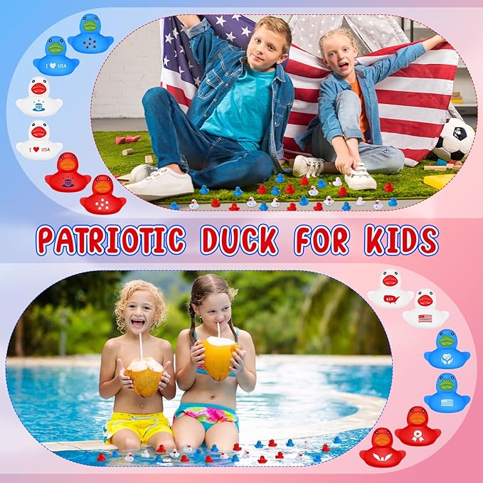 Junkin 200 Pcs Patriotic Rubber Ducky Bulk 1.57 Inch 4th of July Float Rubber Ducks Independence Day Small Duckies Bulk for Memorial Day Pool Party
