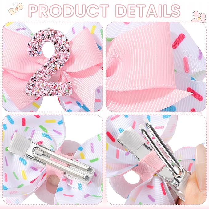 Birthday Hair Bow Hair Clips for Girls 1 2 3 4 5 6 Years, Baby Girl Accessories Bow Birthday Decorations, Pink Baby Girls Ice Cream Hair Bows Clips for 2nd