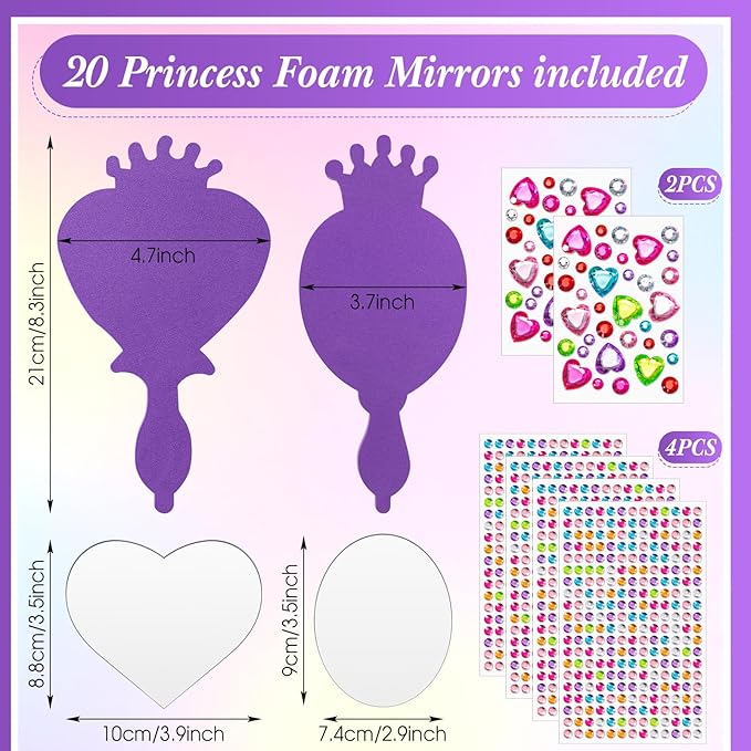 Geetery 20 Pcs Unbreakable Kids Mirror DIY Decorate Your Own Princess Mirror Mermaid Princess Foam Small Crafts for Princess Party Decorations(Purple)