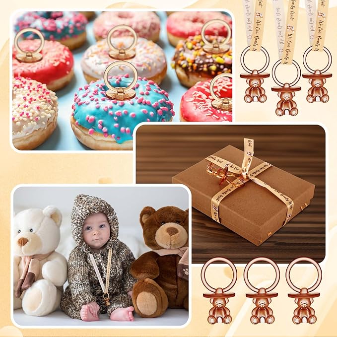 Beeveer 50 Pcs Green Leaf Baby Pacifiers Baby Shower Acrylic Pacifiers Necklace Boy Pacifier Bulk Nipples for Shower Game Ribbon Necklace for Party Favors Prize Decorations(Brown)