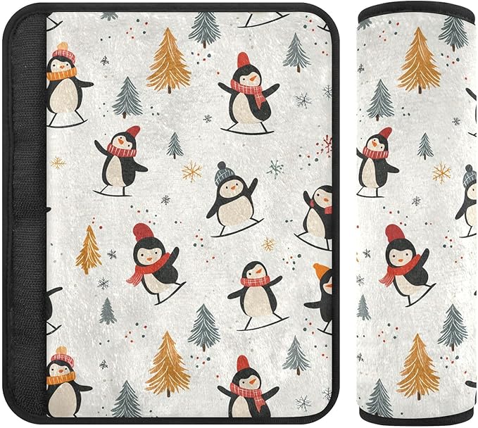 CHIFIGNO Cute Penguins Skating Beige Seat Belt Cover Pad Pack of 2 Car Seat Belt Pads Soft Shoulder Pad Auto Interior Accessories for Adults Women Kids