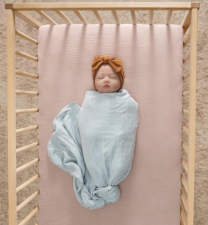 Meracorallo Muslin Mini Crib Sheet, Pack n Play Fitted Sheet, Soft and Breathable Pack and Play Playard Mattress Sheet for Baby Boys and Girls, Blush