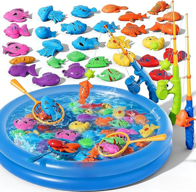 Magnetic Fishing Game Toys with Inflatable Pool for Toddlers 1-3 3-5, Kids Bathtub Pool Water Table Toys, Birthday for 2 3 4 5 6 Year Old Boys Girls