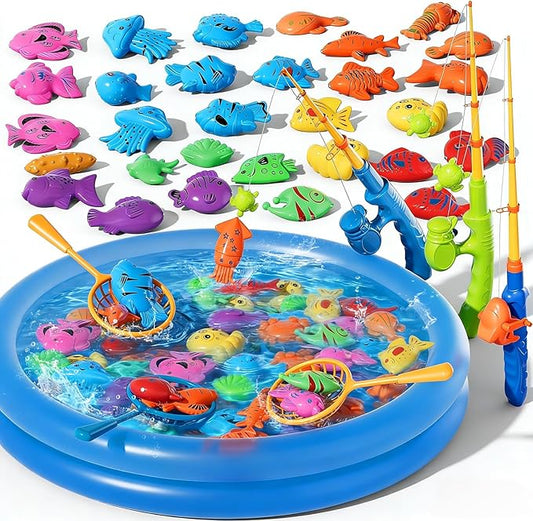 Magnetic Fishing Game Toys with Inflatable Pool for Toddlers 1-3 3-5, Kids Bathtub Pool Water Table Toys, Birthday for 2 3 4 5 6 Year Old Boys Girls