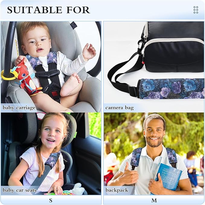CHIFIGNO 2Pcs Dark Blue Purple Peonies Seat Belt Covers Soft Seatbelt Covers Car Seat Shoulder Protector for Adults Kids Women Men