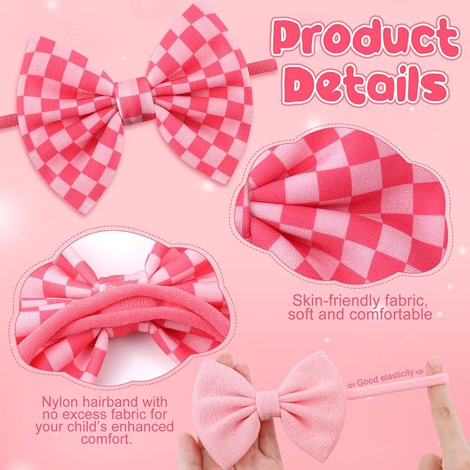 4 Pcs Valentines Baby Bow Headbands, Red Pink Bow Headband Soft Nylon Handmade Hair Accessories for Baby Infants Toddlers Child