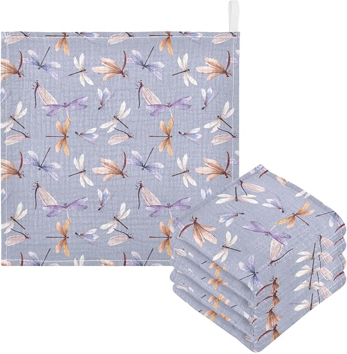 Baby Washcloths Cotton Dragonfly Baby Muslin Washcloths Soft Baby Face Towel for Newborn Infants Baby Wipes, 11.8 X 11.8 Inch, 3 Pack Lilac