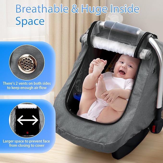 Carseat Covers Baby Boy, Waterproof Baby Car Seat Cover with 2 Layers Mesh & Sun Shade Window, Outdoor Infant Car Seat Canopy with Breathable Vents for Summer, Ideal Gift for Mom, Newborn Essentials