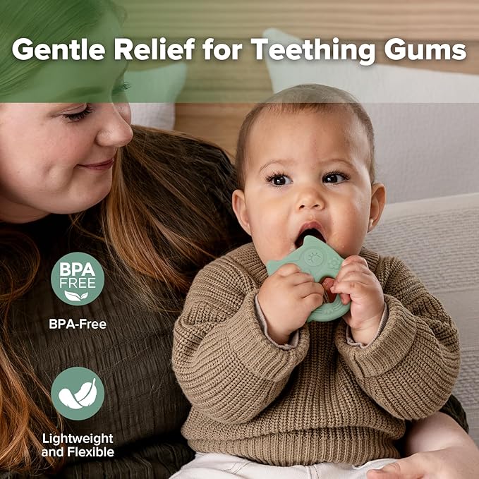 haakaa Silicone Owl Teether,Food-Grade Smiling Teething Toy for Infants, Soft Chew Toys for Babies, BPA Free, Toy for 3 Months+,Pea Green