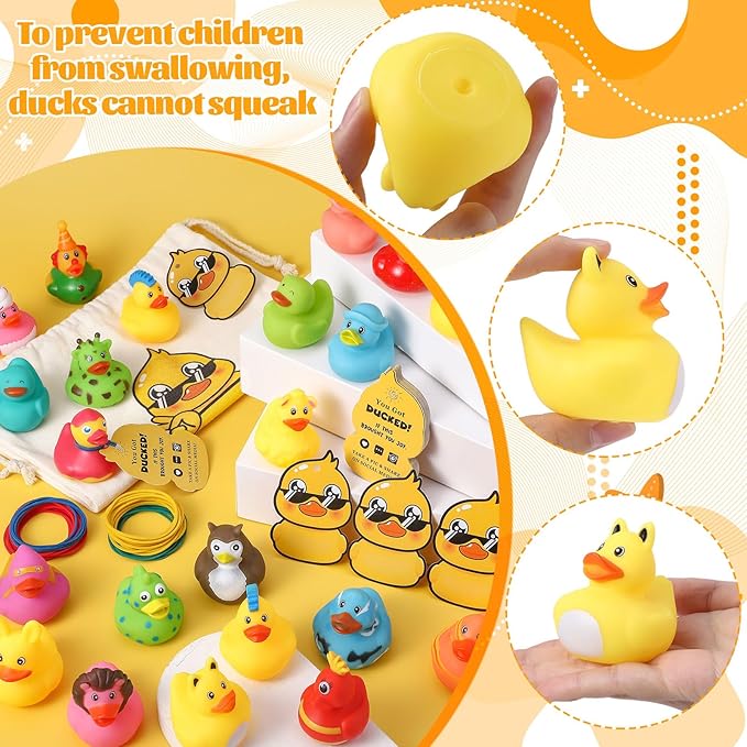 30Pcs Rubber Ducks for Ducking with 30 Duck Tags 40 Rubber Bands with Storage Bag, Random Ducks for Jeeps Ducking Decor Baby Bath & Pool Toys Party Favors