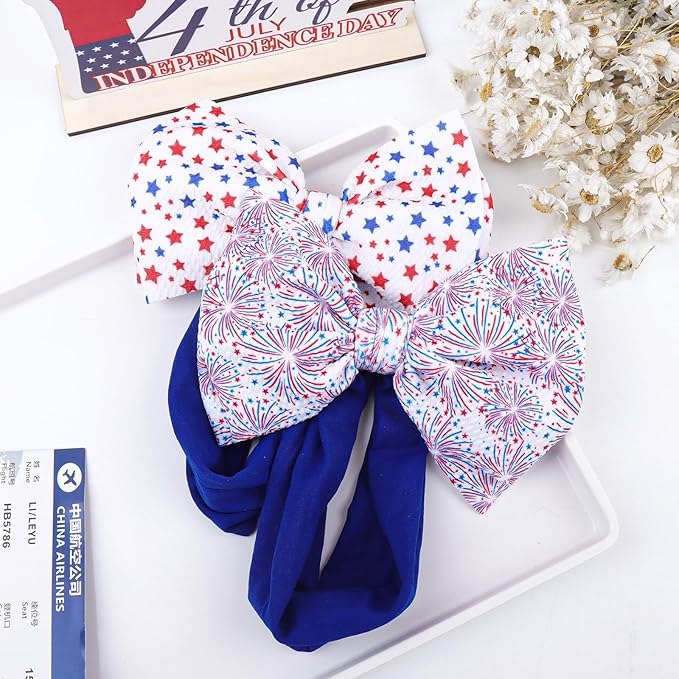 4th of July Toddler Nylon Headbands - Large Patriotic Star Bows, Hair Accessories for Newborn Infant and Baby Girls