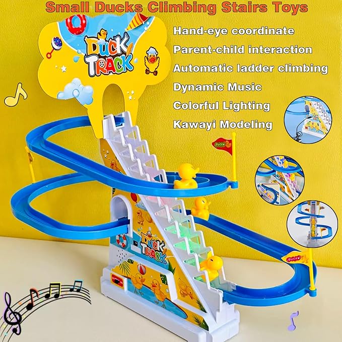 Small Ducks Climbing Toys, Electric Llittle Duck Climbing Stairs Toy, Funny Roller Coaster Track with 3 Ducks LED Lights & Music Button, Small Duck Slide Toys for Children Kids and Baby (C)