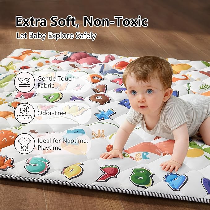 Baby Play Mat for Floor - MORAIS 50x50 Inch with 800g Filling Thickened Crawling Mat for Playpen, Cushioned Playpen Mat with Anti-Slip Bottom and Animal Alphabet (Dinosaur Land)