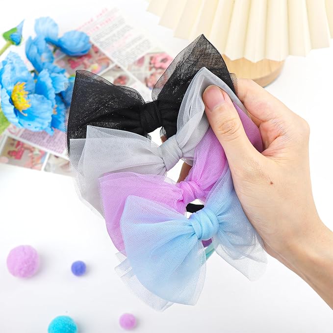 4 Pcs 4.5’’ Organza Lace Bow for Baby Girls Blue Headbands Black Mesh Hair Bows Baby Shower Gifts for Newborn Infant Toddler Girl