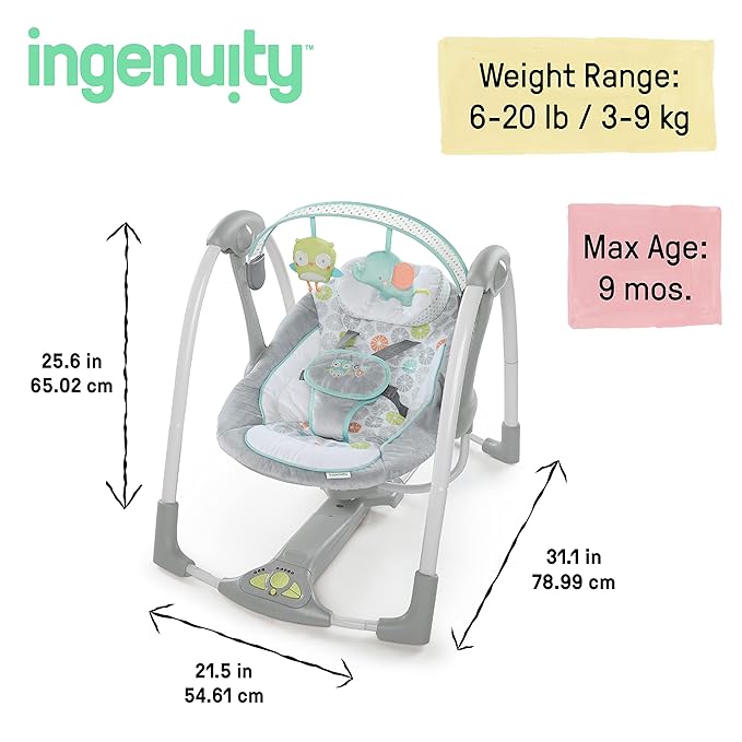 Ingenuity Swing 'n Go 5-Speed Baby Swing - Foldable, Portable, 2 Plush Toys & Sounds, 0-9 Months 6-20 lbs (Hugs & Hoots)