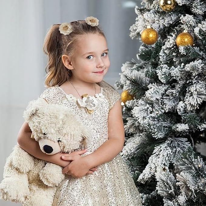 Baby Girls Floral Hair Bows Clips, 4Pcs Glitter Gold Flower Hair Barrettes Alligator Clips, Hair Accessories for Toddlers Kids Teens