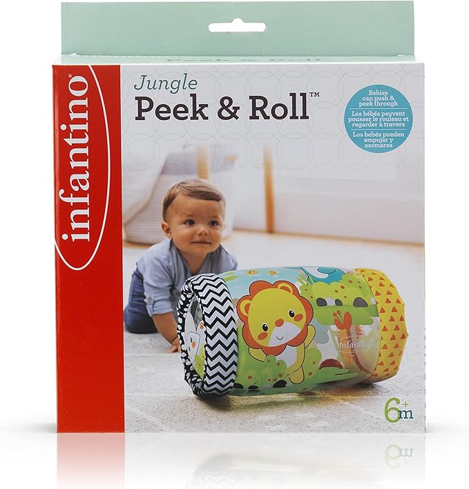 Infantino Jungle Peek & Roll - Encourages Crawling, Inflatable Activity Toy with Bouncing Balls Inside, Fun & Friendly Animal Characters, Helps Gross Motor Skill Development, for Babies 6M+