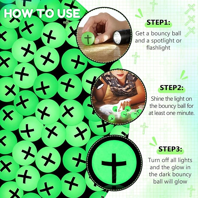 Seenelling 24 Pcs Christian Glow in the Dark Bouncy Balls Jesus Cross Rubber High Bouncing Balls Christian Party Favor Religious Classroom Gifts (Green)