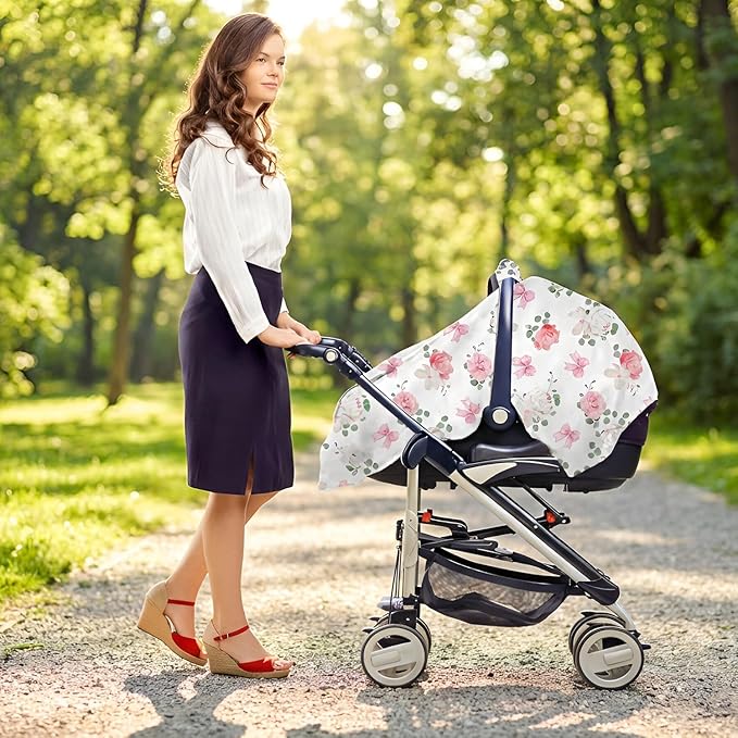 Floral Car Seat Cover Baby Girl, Soft Breathable Infant Car Seat Covers, Girl Baby Car Seat Covers, Skin-Friendly Sunscreen Nursing Stroller Cover 30" x 40"
