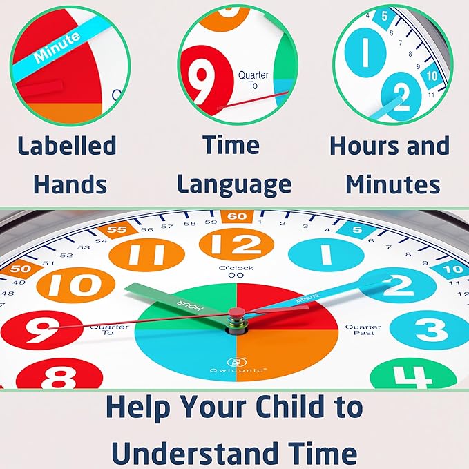 OWLCONIC Telling Time Teaching Clock - Bundled with Kids Watch. Learn to Tell Time Resources. Cool Marine Blue