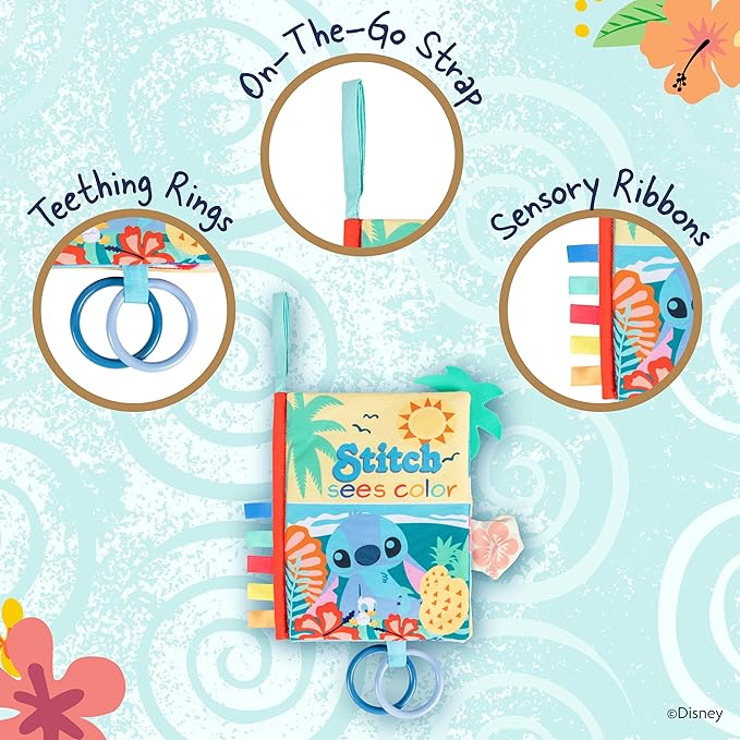 Kids Preferred Disney Baby Lilo & Stitch Sees Color Soft Book, On-The-Go Sensory Books for Babies with Crinkle Pages, Ribbons, Rings, Stroller Hook