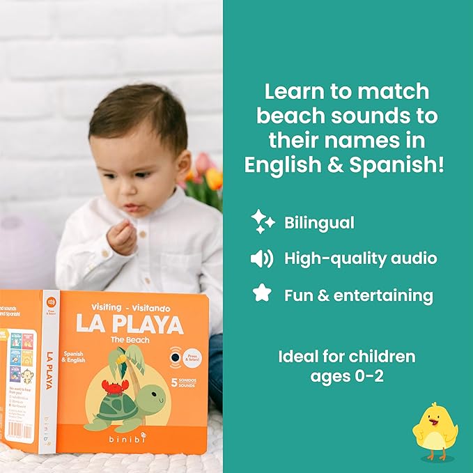 Binibi Bilingual Sound Book for Toddlers 1–3 – Visitando La Playa, Ocean Sounds in Spanish & English, Interactive Board Book. Libro en Español para Niños.
