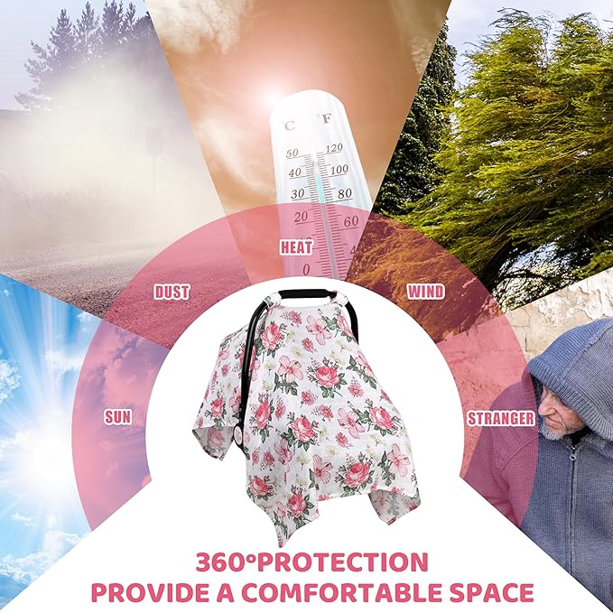 Metplus Car Seat Cover Baby Girl, 100% Muslin Cotton Infant Carseat Covers, Lightweight Breathable Car Seat Canopy, Summer Stroller Sun Shade, Newborn Travel Essentials (Pink Floral)