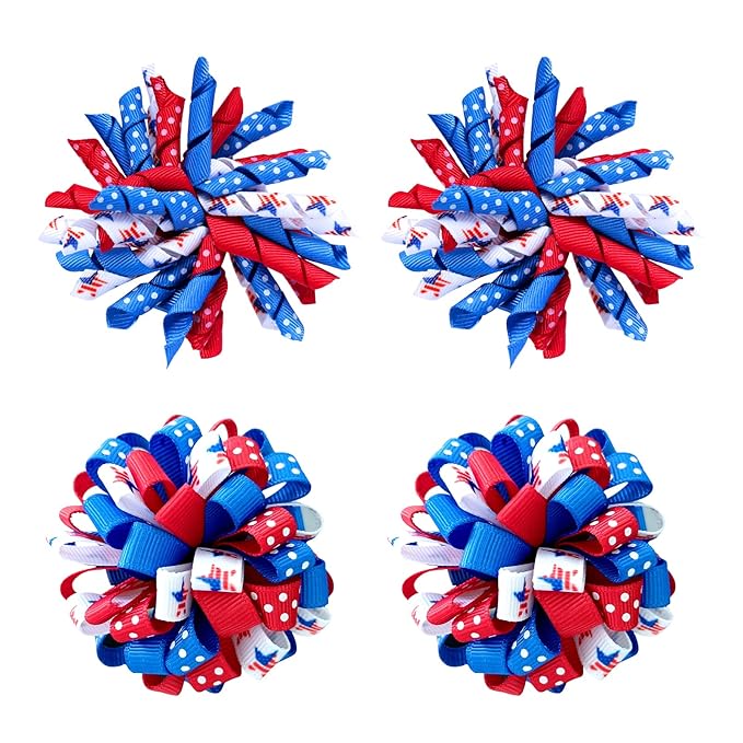 July 4th Korker Hair Bow Clip 3'' Kids Patriotic Curly Corker Fireworks Cheer Bow Alligator Barrettes Toddler Baby Girls Independence Day Christmas Party Favor Gift Accessories