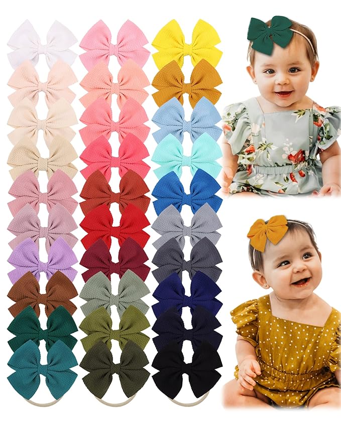 jollybows 30pcs Baby Girls Hair Bows Headband Nylon Hair Band Elastic Hair Accessories for Kids Infants Toddlers