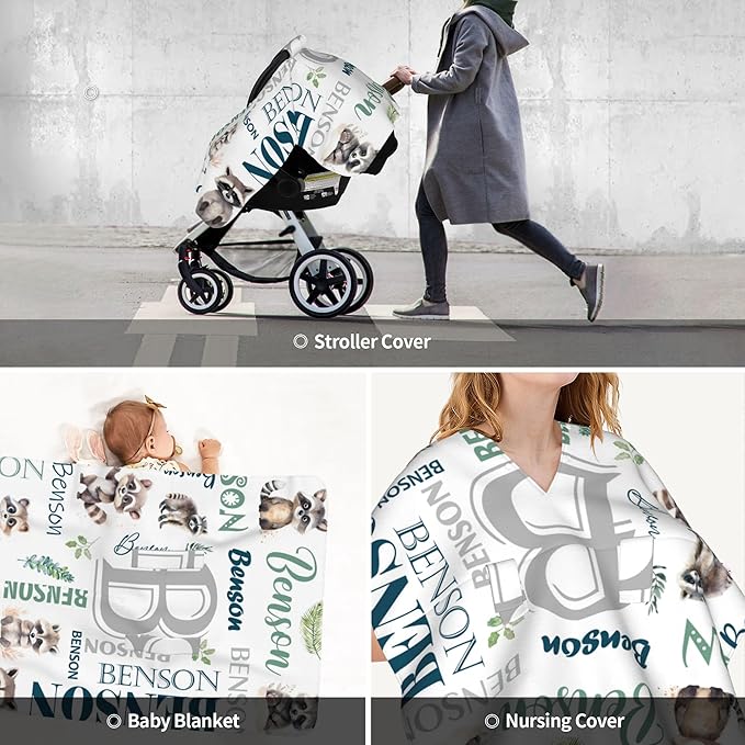 Personalized Winter Car Seat Covers for Babies with Name Raccoon Minky Baby Car Seat Cover for Boys Girls Custom Infant Carseat Covers Baby Blanket Nursing Cover Breastfeeding Scarf