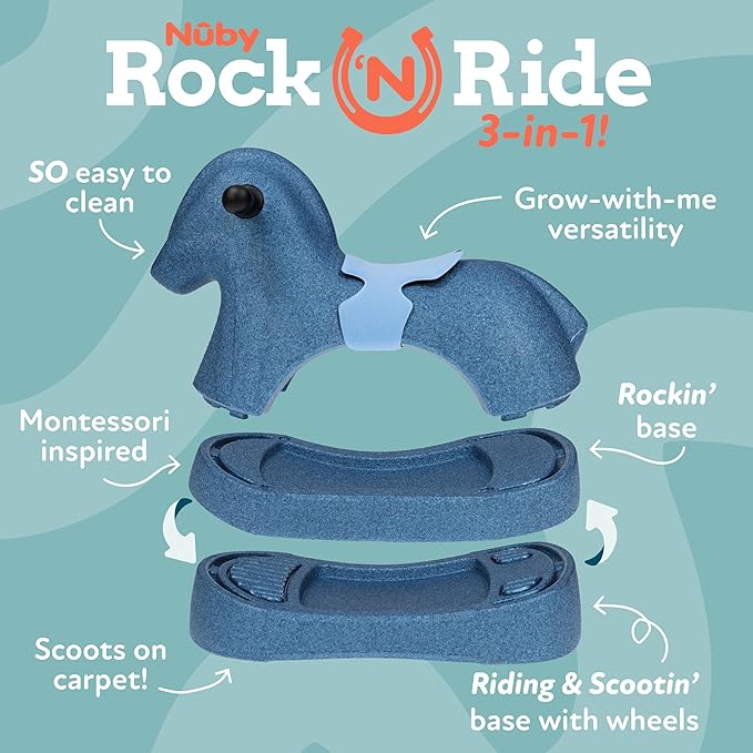 Nuby Rock 'N Ride Rocking Horse for Kids - Ride, Rock & Scoot Toy for Indoor & Outdoor Play - Balance & Coordination Development Toy - Ages 12+ Months - Blue Horse