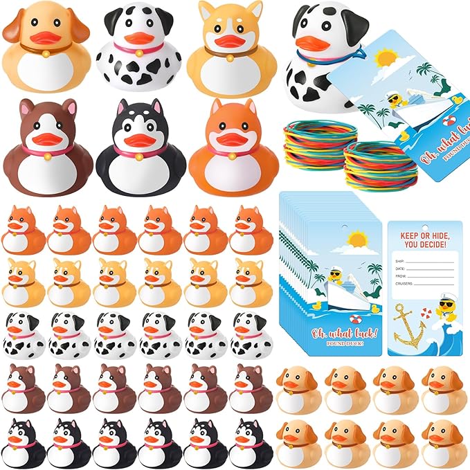 72 Pcs Dog Rubber Ducks Kits Include 24 Dog Cruise Ducks with 24 Cruising Duck Tags 24 Rubber Bands for Pool Bath Shower Party Favors Birthday Gifts Easter Basket Stuffers