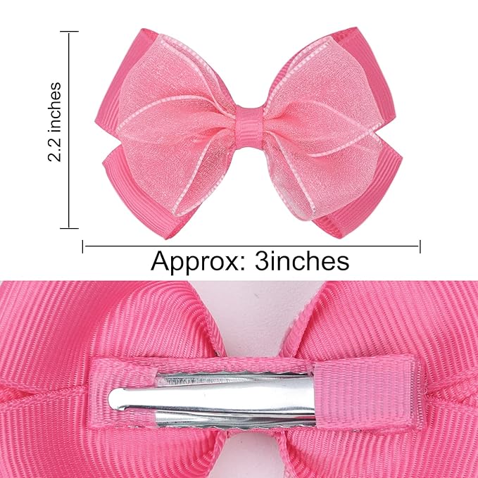 Tiny 3 Inch Organza Double Hair Bow Clips - Lined Boutique Alligator Hairpin for Baby Girls, Toddlers, and Little Teens - Kids Barrettes Set of 2 Small Stylish (Light Hot Pink)