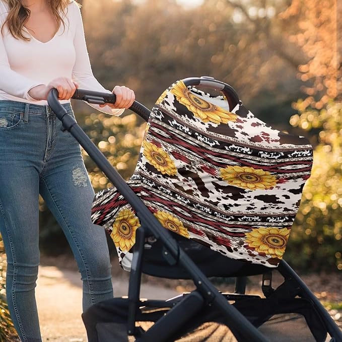 Binienty Sunflower Geometric Stretchy Car Seat Cover Canopies for Babies, Brown Cow Print Multi Use Shopping Cart/High Chair/Breastfeeding Cover