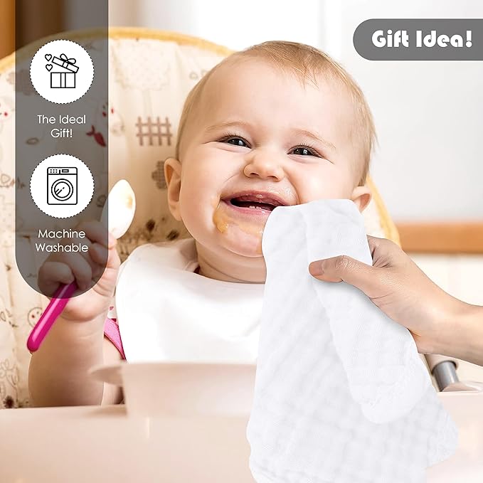 Ease Cubs 12 Pack Muslin Washcloths for Baby - 100% Cotton Baby Wash Cloths for or Baby Face Body Comfy and Soft for Newborn Infants Kids Girls and Boys - 12"x12" - White