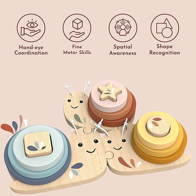 SPEEDY MONKEY Snail Educational Game for Toddlers 18m+ | Wooden Stacking & Sorting Ring Toy for Kids | Color Recognition, Counting & Fine Motor Skills Activity | Preschool Learning Gift