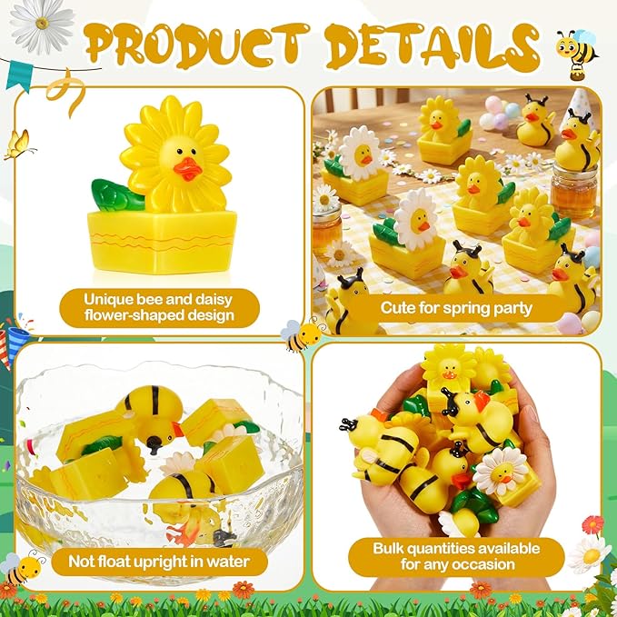 Deekin 48 Pcs Spring Bee Daisy Rubber Ducks Bulk 2 Inches Honeybee Daisy Party Favors for Dashboard Decorations Hide Cruise Ships Spring Gift Bag Fillings Bee Party Supplies