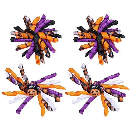Halloween Pumpkin Korker Hair Bows for Girls,4 Pack Black Orange Purple Curly Ribbon Alligator Clips for Kids Teens Toddler Baby Women Holiday Party Costume Dress Decor Accessory Gift