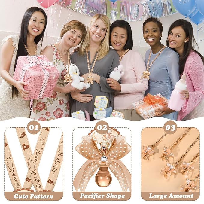 Hotop 36 Pcs Baby Shower Pacifier Necklace Bulk Bear Acrylic Pacifier Necklace for Baby Shower Charm Necklaces Party Favors for Girls Boys Gender Reveal Decoration Table Pieces(Champagne,Girl)