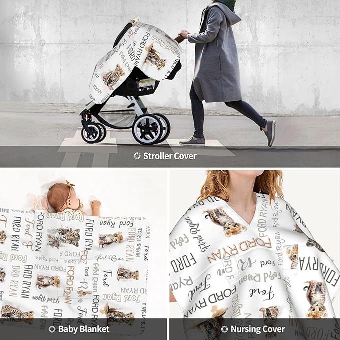 Personalized Winter Baby Car Seat Cover with Name Leopard Winter Car Seat Cover for Baby Seat or Stroller Custom Infant Car Seat Covers Minky Blankets Nursing Cover Breastfeeding Scarf
