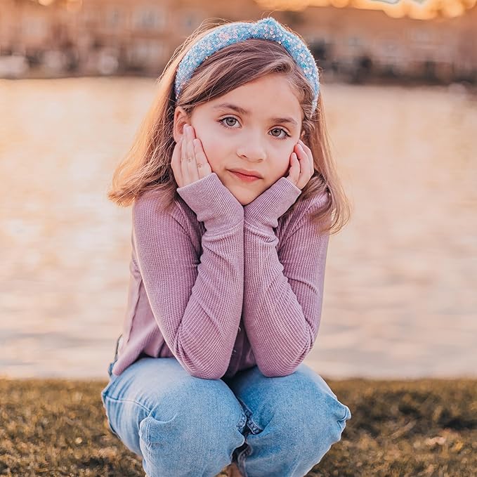 FROG SAC Sequin Knot Headband for Girls, Blue Knotted Hair Bands Accessories for Kids, Sparkly Iridescent Little Girl Headbands, Cute Fashion Hairbands for Tweens Stocking Stuffers for Children