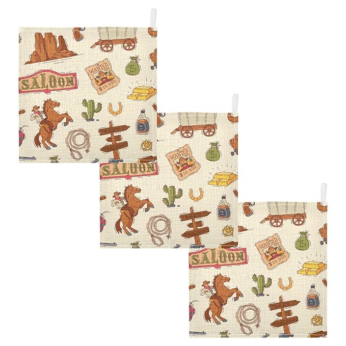 Cowboy Sheriff Baby Burp Cloths for Boys Girls, 3 Pack Wild West Western Baby Muslin Washcloths Newborn Face Bath Towel Soft Absorbent Cotton Wash Cloth Baby Registry, 12 x 12 Inch