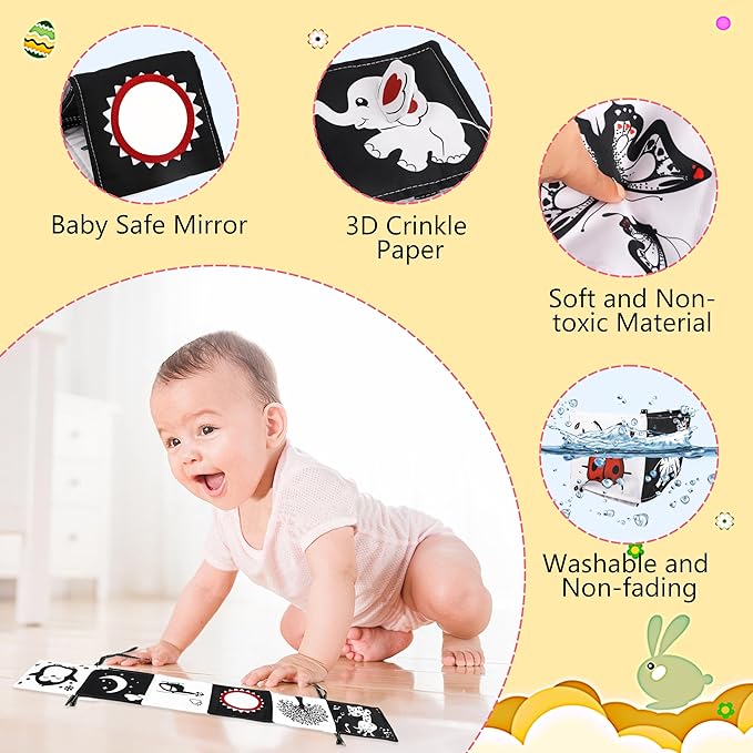 Black and White Baby Toys, High Contrast Baby Toys for Newborn, Tummy Time Toys, Newborn Toys 0-3 Months Brain Development, Soft Baby Book, Montessori Toys 0-6-12 Months Infant Sensory Toys Gift