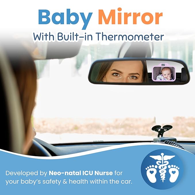 Theromirror - Baby Car Mirror with Temperature Display, Rear Facing Car Seat Mirror, Newborn Essentials, Wide Angle (Pink)