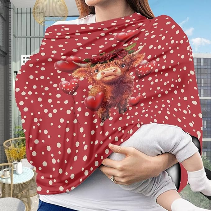 Wanyint Baby Car Seat Cover Carseat Canopy for Boys Girls, Multi-Use Nursing Breastfeeding Cover Nursing Scarf for Breastfeeding Mothers for Valentine's Day, Highland Cow Heart Red